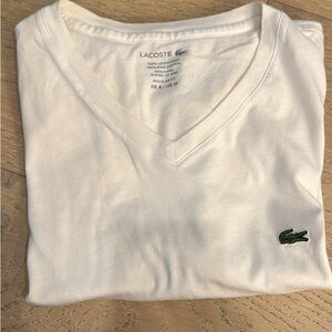 Lacoste Cream V-Neck Tee with Crocodile Logo